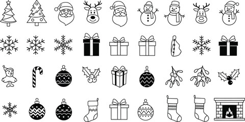 A collection of christmas themed outline icons including santa reindeer and christmas trees and ornaments © Mehak