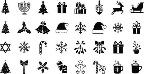 A collection of christmas and hanukkah themed icons in black and white vector format set on white