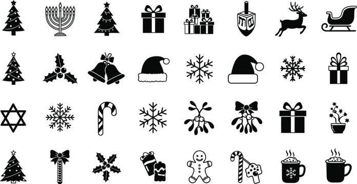 A collection of christmas and hanukkah themed icons in black and white vector format set on white
