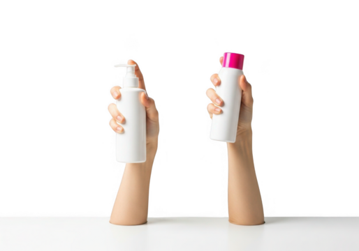 Two hands holding white cosmetic bottles with pink and white caps isolated on transparent background