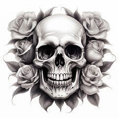 Detailed black and white pencil sketch of a human skull with cracked bone texture, framed by dark, beautifully blooming roses and foliage.