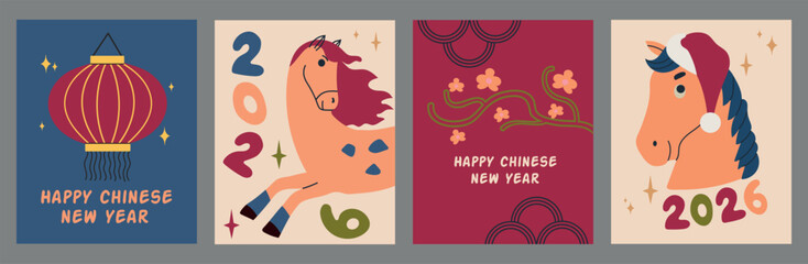 Set collection of Happy Chinese New Year of the Horse 2026 card banner invitation poster