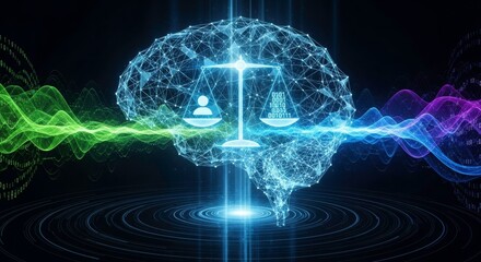 Intellectual Justice: A digital illustration merging the concept of law, knowledge, and justice, featuring a brain, scales, and sound waves, all united by a vibrant energy beam. 