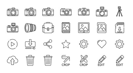 Fototapeta premium A clean and modern line art icon set featuring photography and editing tools, perfect for digital applications and websites. Includes cameras, lenses, tripods, bags, image placeholders, memory cards