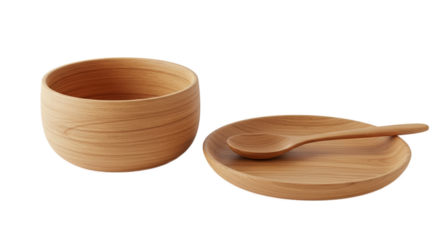 Wooden Bowl Plate Spoon Set Isolated Realistic 3D Render Studio Lighting