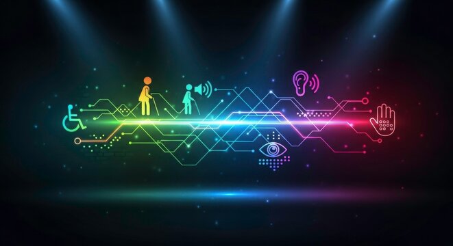 Accessibility and Inclusion: Depicts various symbols representing diverse disabilities, linked together by an illuminated digital pathway, symbolizing a unified, inclusive approach to accessibility.