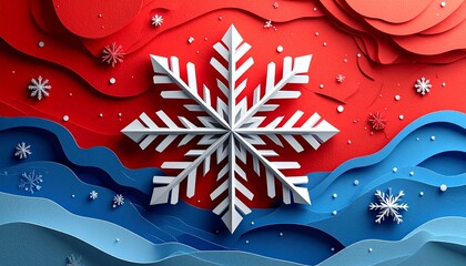 Detailed White Snowflake on Red and Blue Layered Paper Background Festive Winter Holiday Season Still Life Flat Lay 3D