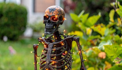 Dark Halloween Skeleton Decoration Lit with String Lights Against Green Foliage Background at Dusk