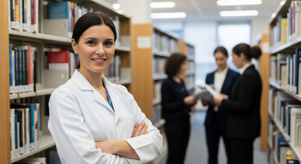 Professional Woman Smiling in Lab Coat at University Library