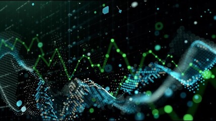 Climate transition finance  investment  technology. Carbon market development. Renewable energy growth. ESG impact. Abstract data visualization with green and blue lights on a dark background. - Powered by Adobe