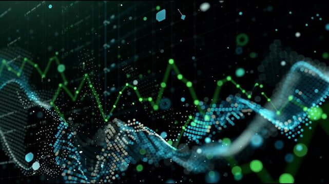 Climate transition finance  investment  technology. Carbon market development. Renewable energy growth. ESG impact. Abstract data visualization with green and blue lights on a dark background.