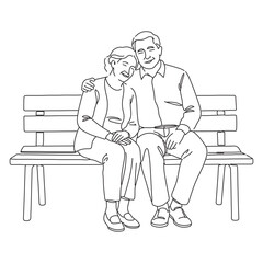 line drawing of old couple sitting on bench.