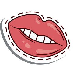 Pink Pouty Lips Showing White Teeth With Dashed Outline Sticker Style On Transparent Background Realistic Illustration
