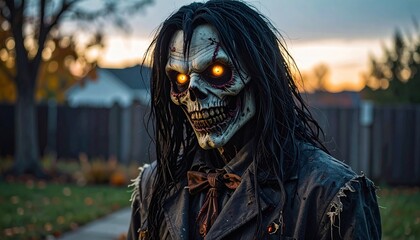 Scary Halloween Mask with Glowing Eyes and Ripped Suit Standing on Suburban Street at Dusk