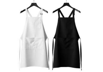Two bib aprons one white one black hanging on hangers isolated on transparent background
