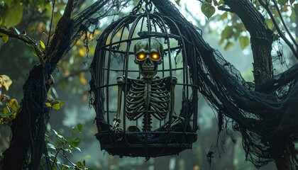 Skeleton in Cage Hanging from Tree Branches in Dimly Lit Forest