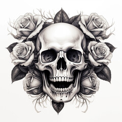 Fototapeta premium Detailed black and white pencil sketch of a human skull with cracked bone texture, framed by dark, beautifully blooming roses and foliage.