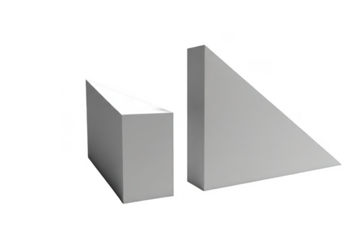 Two geometric prism shapes with sharp edges and flat surfaces isolated on transparent background