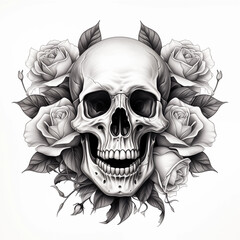 Detailed black and white pencil sketch of a human skull with cracked bone texture, framed by dark, beautifully blooming roses and foliage.