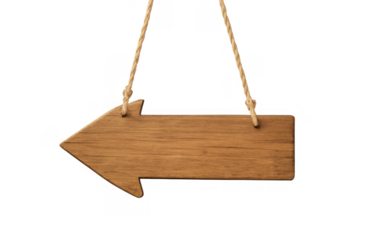 Wooden arrow sign pointing left hanging on rope, offering a blank space for text or symbols on a transparent background