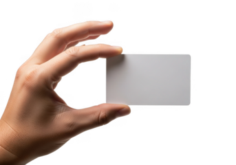 Human hand holding a blank white business card isolated on transparent background