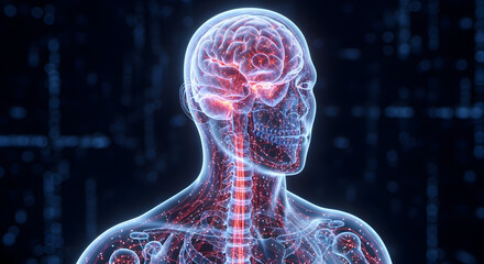 Conceptual 3D Render of Human Brain and Nervous System with Active Neural Network Pathways, Representing Intelligence, AI, and Medical Science