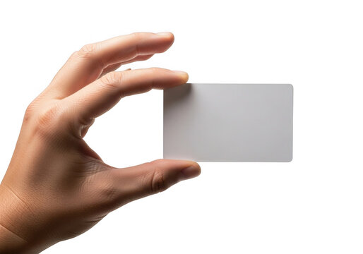 Human hand holding a blank white business card isolated on transparent background