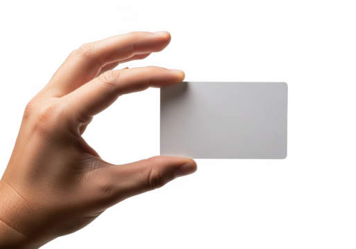 Human hand holding a blank white business card isolated on transparent background