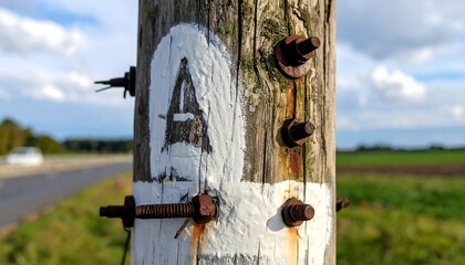 Weathered wooden post with white markings and rusty bolts, near a road and field