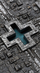 Obraz premium Futuristic metallic circuit structure with a cross-shaped void, symbolizing digital healthcare or tech innovation.