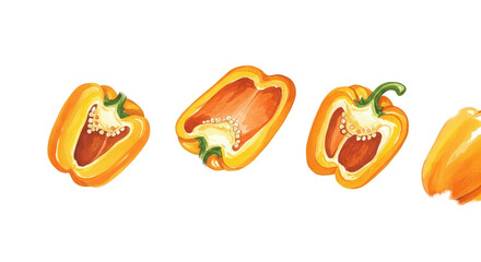 Yellow Bell Peppers Whole and Halved Against Warm Orange Gradient Background