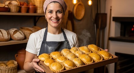 Smiling baker woman wearing apron and headscarf proudly presents a tray of freshly baked golden brown empanadas in a rustic bakery setting