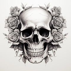 Detailed black and white pencil sketch of a human skull with cracked bone texture, framed by dark, beautifully blooming roses and foliage.