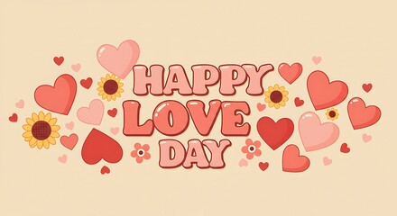 Charming pastel-colored illustration featuring hearts, flowers, and the phrase "Happy Love Day