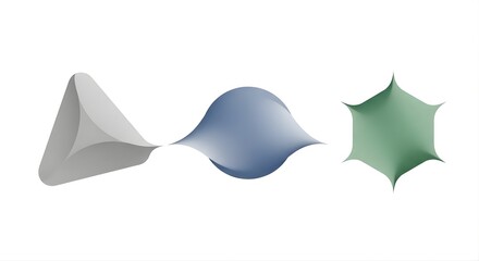 Three abstract geometric shapes, a triangle, a sphere, and a hexagon, arranged side by side on a white background.