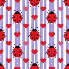 Charming seamless pattern with ladybugs and hearts on striped purple and white background