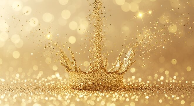 Abstract golden glitter explosion creating a crown shape with bokeh lights background