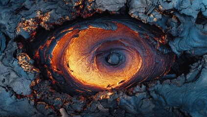 Hot, molten lava swirling in a dark, rocky formation