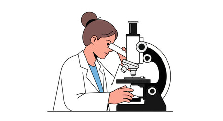 Animated Illustration of a Female Scientist Using a Microscope in a Laboratory Setting, Perfect for Educational Materials and Scientific Research Presentations.