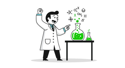 Enthusiastic Scientist Celebrating Success in Chemistry Experiment with Green Liquid and Floating Chemical Formulas for Educational or Scientific Illustrations