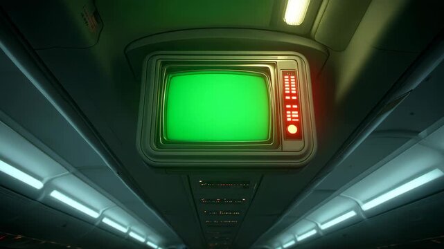 Retro Television Screen Hanging from Aircraft Ceiling with Green Background and Ambient Lighting
