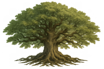 Ancient oak tree of life symbolizing wisdom, strength, and continuity, with long roots and dense green foliage, isolated on transparent background