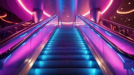 Modern illuminated escalator in a vibrant neon-lit space. Possible use Stock photo