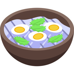 Pixel Art Bowl of Rice with Three Hard Boiled Eggs and Green Leaves on a Striped Blue Background Isolated on White