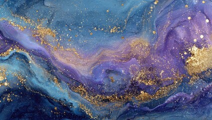 Abstract art swirl of blue, violet & gold ink fluid texture