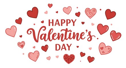 Charming Valentine's Day greeting with playful red and pink heart illustrations and script