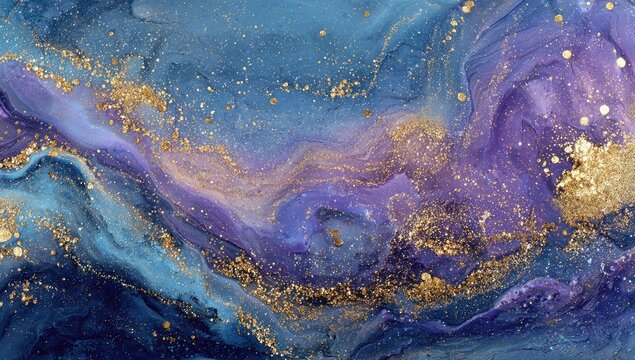 Abstract art swirl of blue, violet & gold ink fluid texture