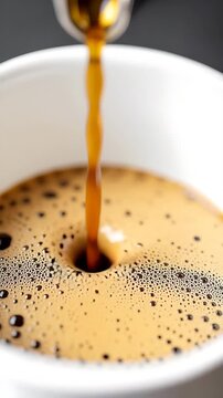 Hot coffee pouring into a white cup creating a swirling foam beverage drink