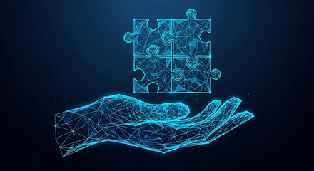 Digital Hand Holding Puzzle Pieces in a Futuristic Blue Glow on black background.