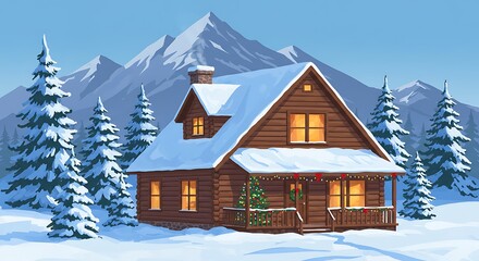 Charming winter cabin illustration with snow-covered roof, windows aglow, and festive decorations
